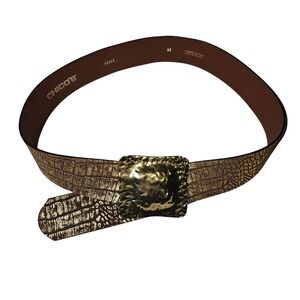 Chicos Wide Leather Belt with Large Buckle Metallic Print Medium